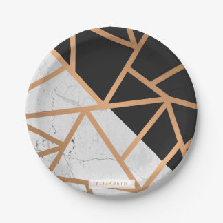 Black & White Golden Marble Mosaic Paper Plate