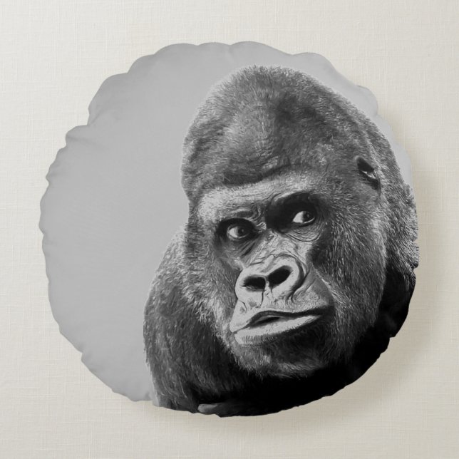 Black White Gorilla Round Pillow (Front)