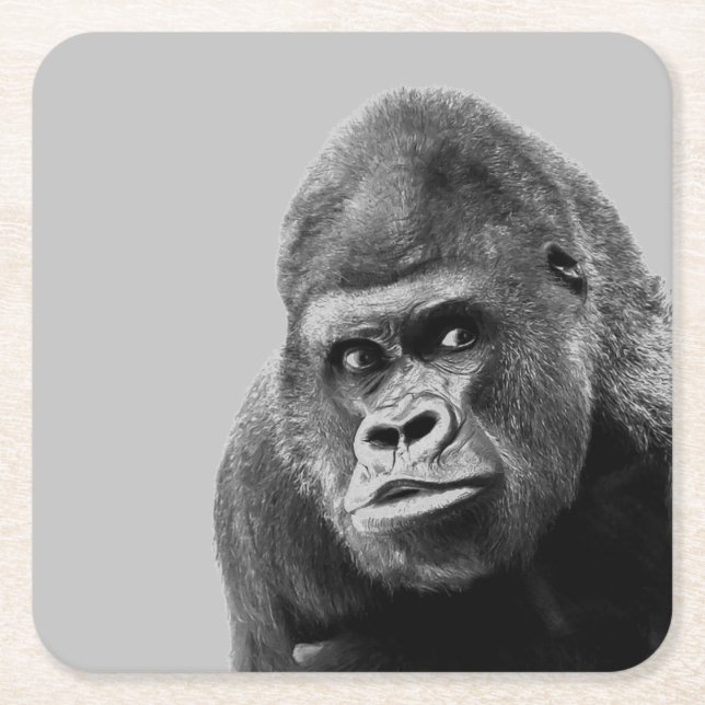 Black White Gorilla Square Paper Coaster (Front)