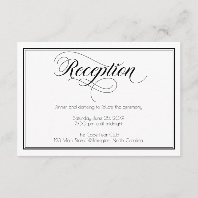Black & White Graceful Script Wedding Reception Enclosure Card (Front)