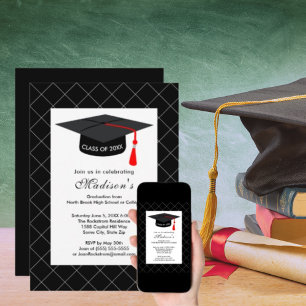 Black White Grad Cap Graduation Class of 2024 Invitation