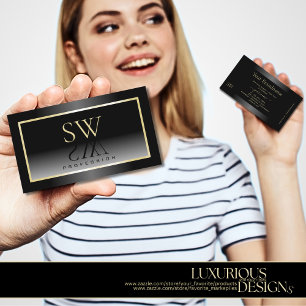Black White Gradient Champagne Frame and Monogram Business Card