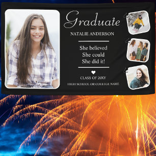 Black White Graduate Modern Photo Graduation Party Banner