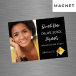 Black white Graduation Party Save the Date magnet<br><div class="desc">A photo Save the date magnetic card for a graduation party. On front: Add your own vertical size photo of the graduate. A chic black background, white text. Templates for a name and date. The name and the text: Save the Date are written with a modern hand lettered style script....</div>