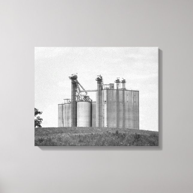 Black & White Grain Elevator on a Hill 16x20 Canvas Print (Front)