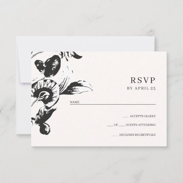 Black & white graphic flowers elegant wedding RSVP card (Front)