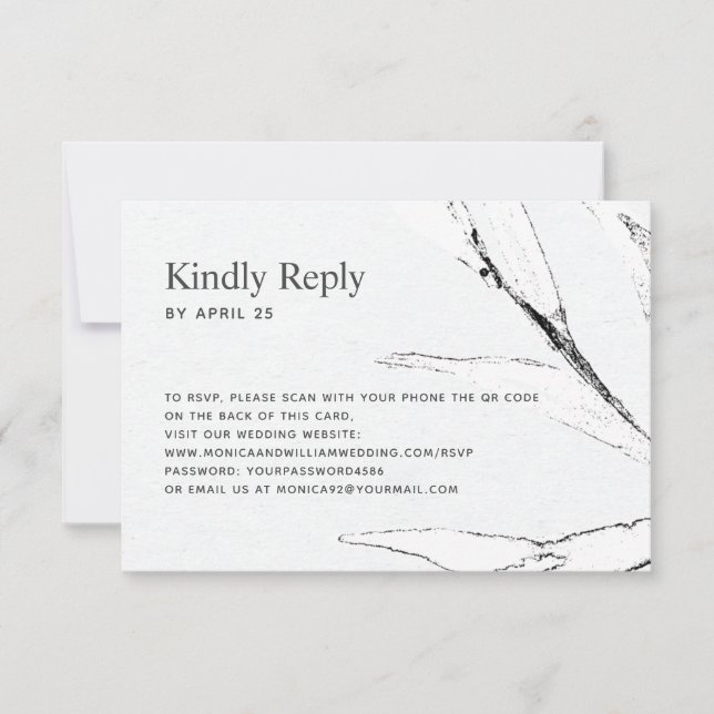 Black & white graphic leaf QR code online wedding RSVP Card (Front)
