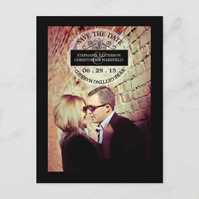 Black | White Graphic Stamp Save The Date Postcard (Front)