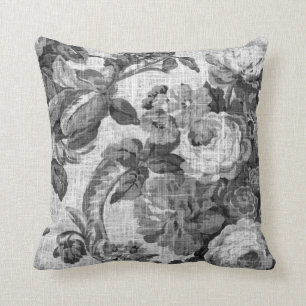 Black & White Gray Botanical Floral Toile No.5 Throw Pillow