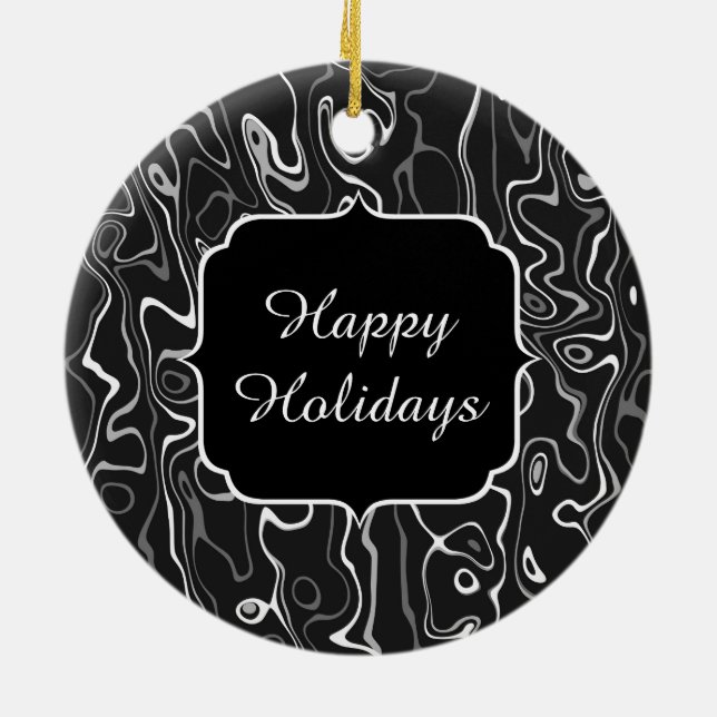 Black white gray damascus abstract swirls Monogram Ceramic Ornament (Back)