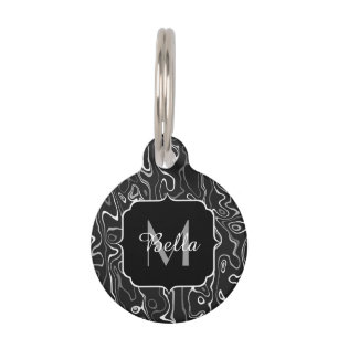 Black white gray damascus abstract swirls Monogram Pet Tag