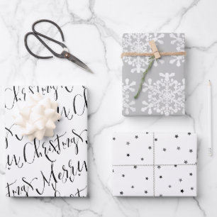 Black white & gray Merry Christmas Snowflakes set Wrapping Paper Sheet
