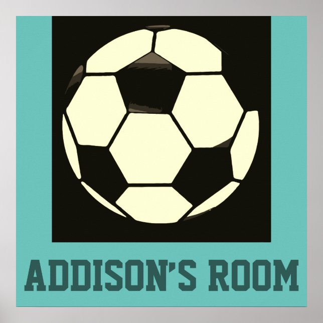 Black White Gray Teal Blue Soccer Ball Custom Name Poster (Front)