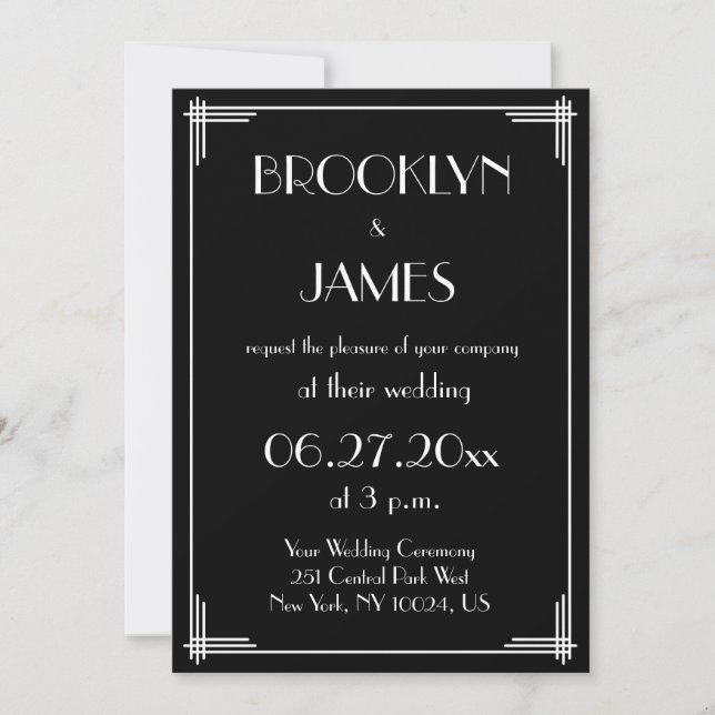Black White Great Gatsby Art Deco Wedding Invites (Front)