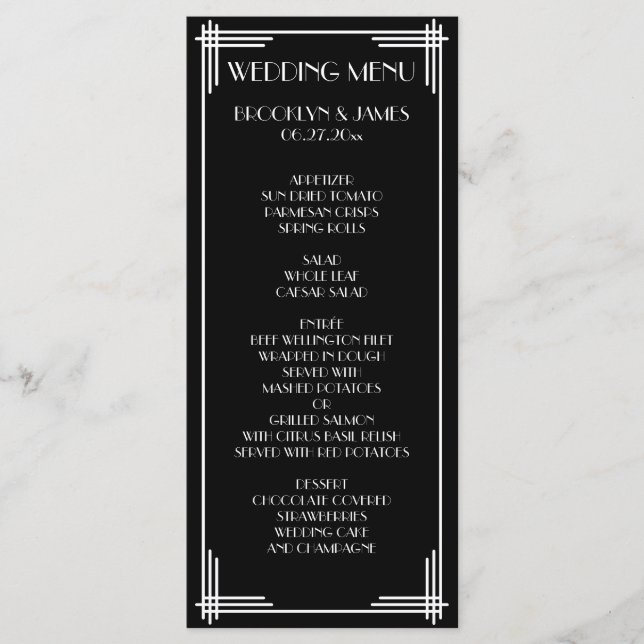 Black White Great Gatsby Art Deco Wedding Menu (Front)