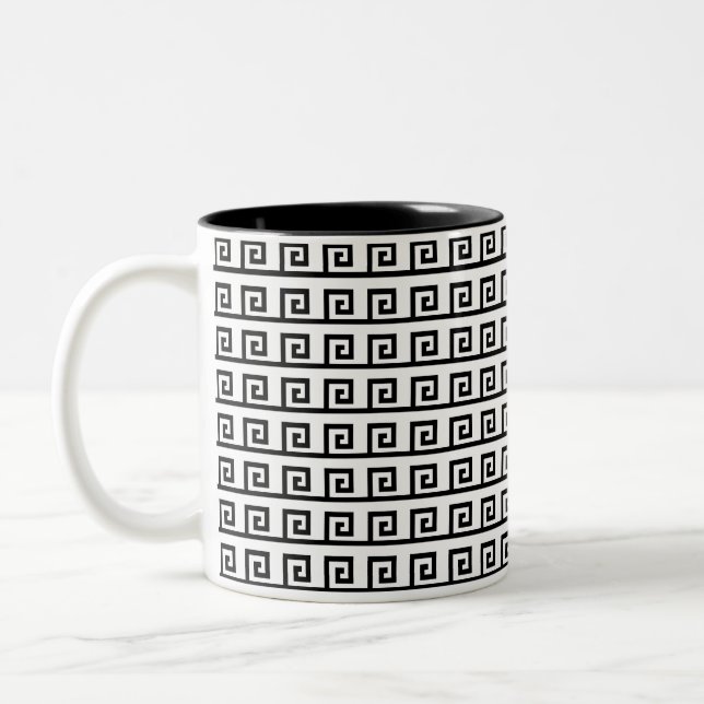 Black & White Greek Geometric Pattern Two-Tone Coffee Mug (Left)