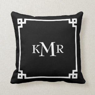 Black White Greek Key Border Custom Monogram Throw Pillow