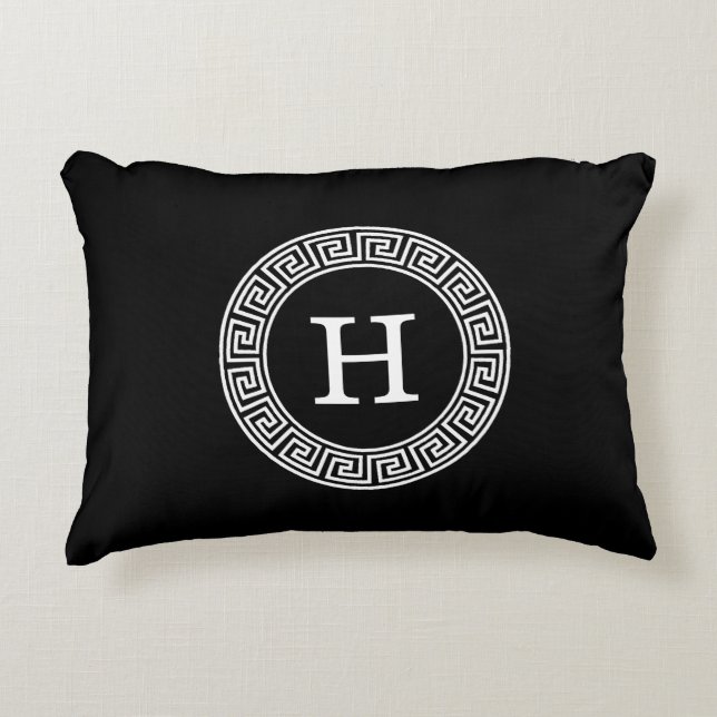 Black White Greek Key Rnd Frame Initial Monogram Accent Pillow (Front)
