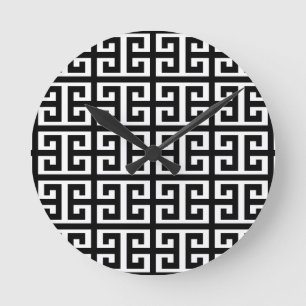 black white greek key round clock