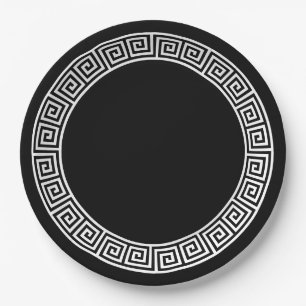 Black White Greek Key Round Paper Plate