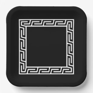 Black white Greek Key Square Paper Plate