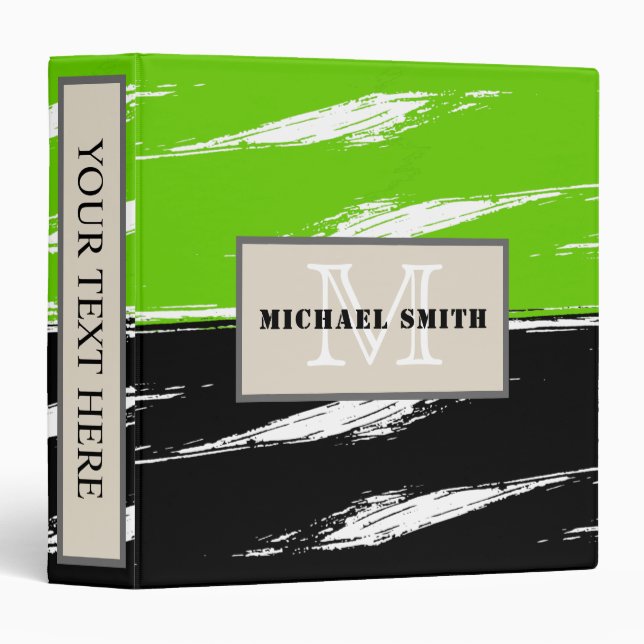 Black White Green Brush Stroke Monogram Binder (Front/Spine)