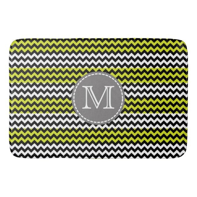 Black White Green Chevron Zigzag Monogram Bath Mat (Front)