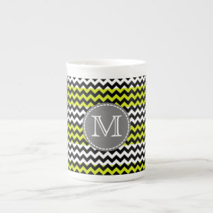 Black White Green Chevron Zigzag Monogram Bone China Mug