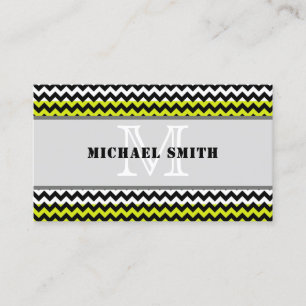 Black White Green Chevron Zigzag Monogram Business Card