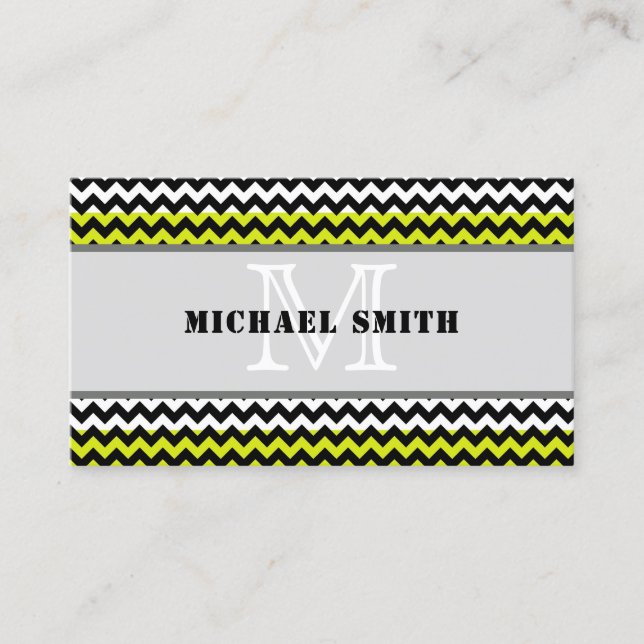 Black White Green Chevron Zigzag Monogram Business Card (Front)