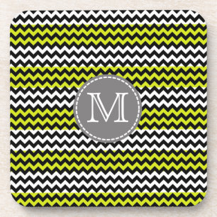 Black White Green Chevron Zigzag Monogram Coaster