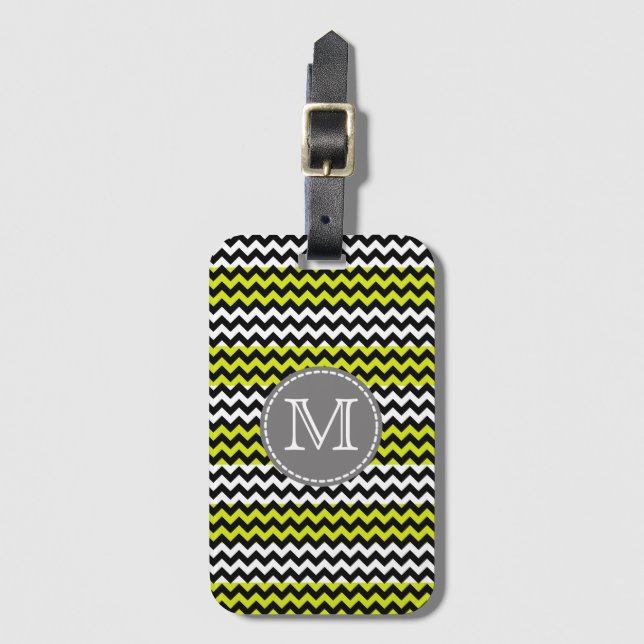 Black White Green Chevron Zigzag Monogram Luggage Tag (Front Vertical)