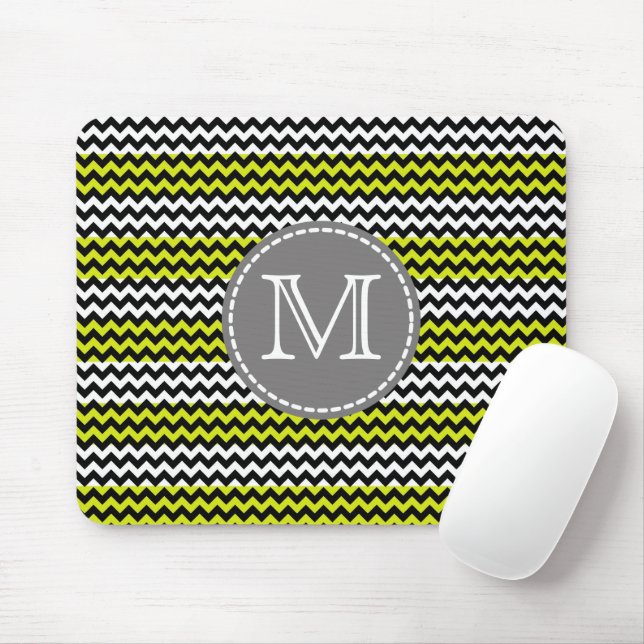 Black White Green Chevron Zigzag Monogram Mouse Pad (With Mouse)