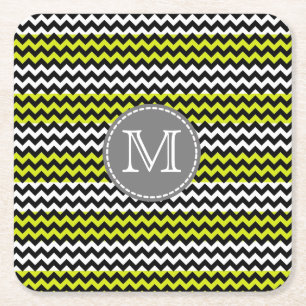 Black White Green Chevron Zigzag Monogram Square Paper Coaster