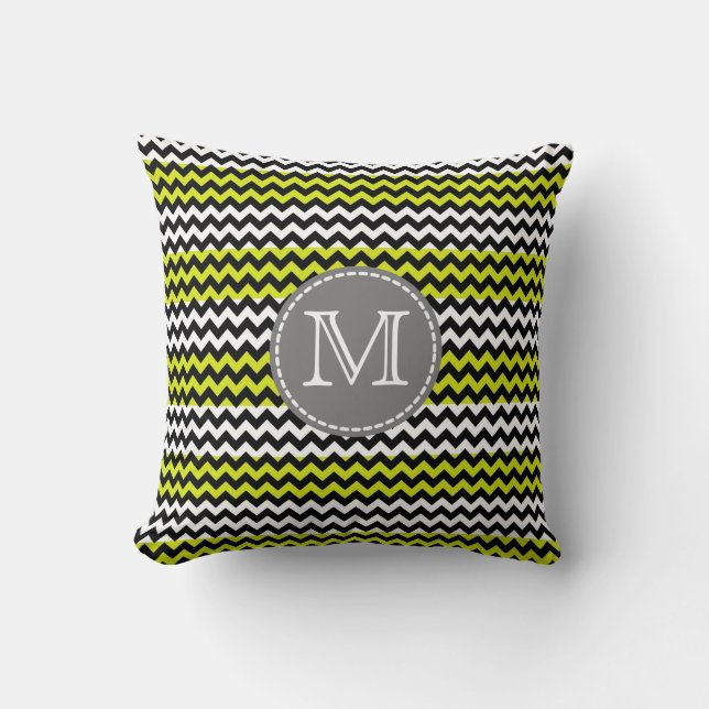 Black White Green Chevron Zigzag Monogram Throw Pillow (Front)