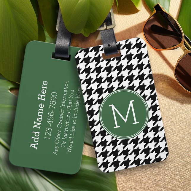 Black White Green Houndstooth Pattern Monogram Luggage Tag (Custom Photo Collage Luggage Tag)