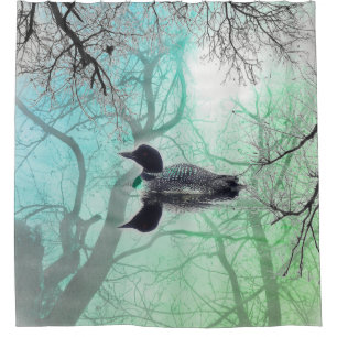 Black white green loon on a lake Shower Curtain