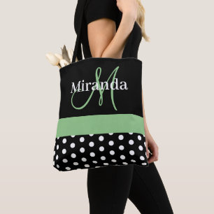 Black White Green Monogram Script Polka Dots Tote Bag