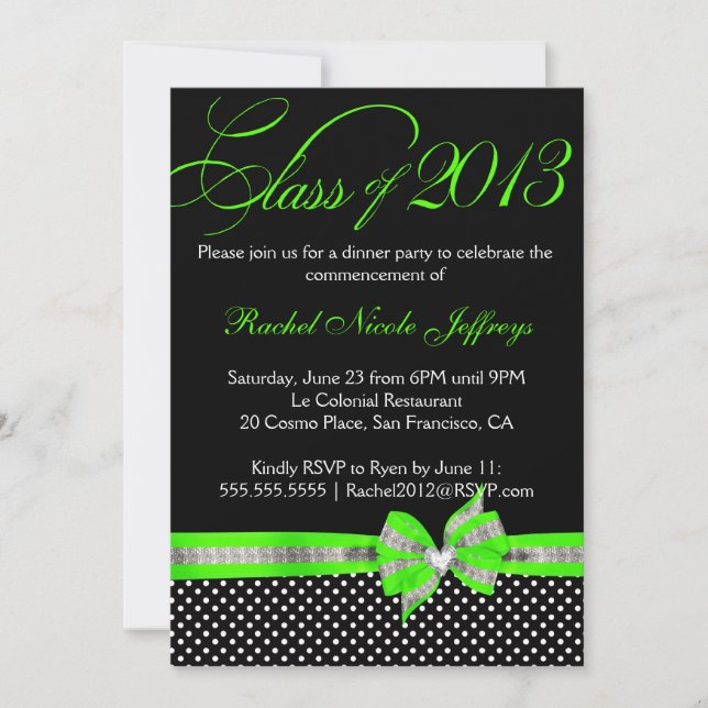 Black White Green Polka Dot Graduation Invitation (Front)
