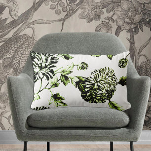 Black & White Green Toned Vintage Floral Toile  Lumbar Pillow