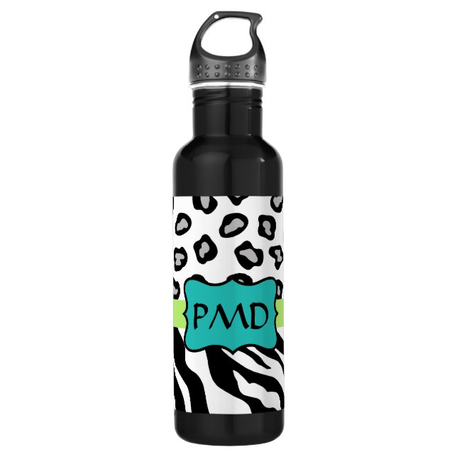 Black White Green & Turquoise Zebra & Cheetah Skin 710 Ml Water Bottle (Front)