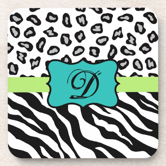 Black White Green & Turquoise Zebra & Cheetah Skin Coaster (Front)