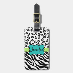 Black White Green & Turquoise Zebra & Cheetah Skin Luggage Tag