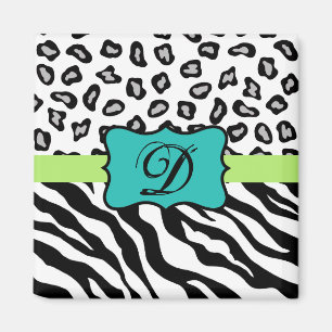 Black White Green & Turquoise Zebra & Cheetah Skin Magnet