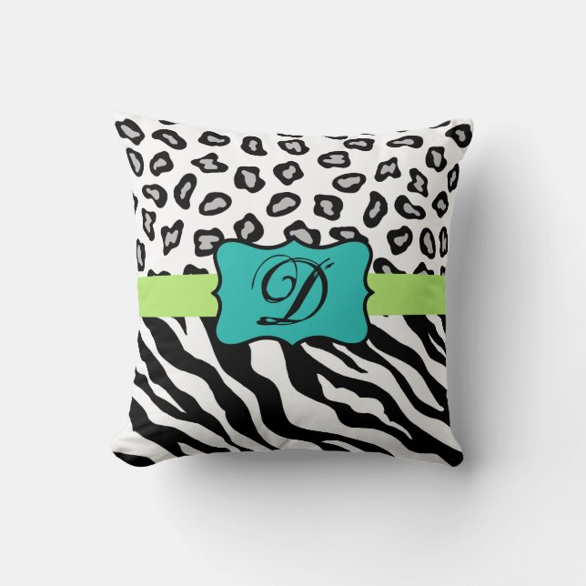 Black White Green & Turquoise Zebra & Cheetah Skin Throw Pillow (Front)