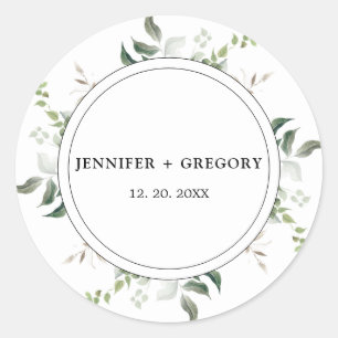 Black White Greenery Botanical Watercolor Wedding Classic Round Sticker