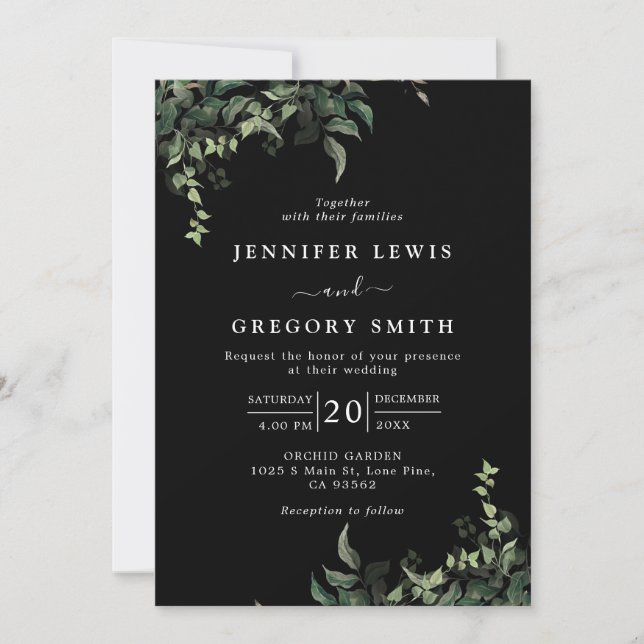 Black White Greenery Botanical Watercolor Wedding Invitation (Front)