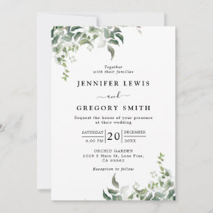 Black White Greenery Botanical Watercolor Wedding Invitation