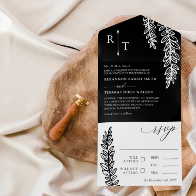 Black White Greenery Monogrammed Wedding All In One Invitation (Creator Uploaded)
