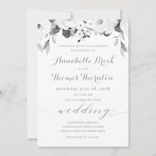 Black & White Greenery Peony Wedding Invitation (Front)